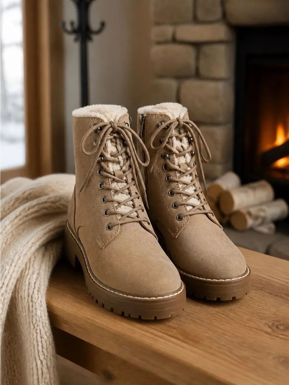 Cozy Lace-Up Sherpa Combat Boots - Taupe